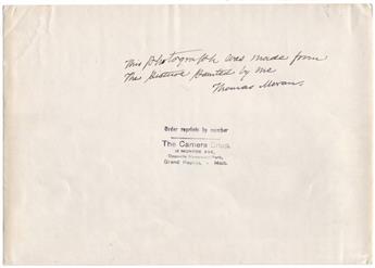 MORAN, THOMAS. Autograph Note Signed, on the verso of a photograph of his 1896 painting, The Cliffs of Green River, Wyoming: